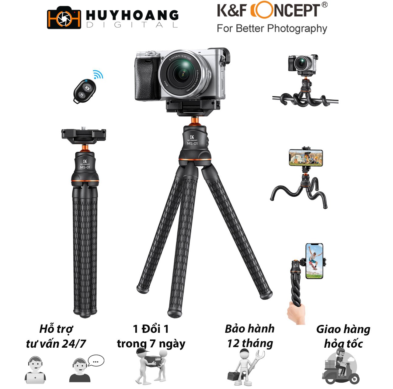 Chân máy ảnh mini K&F CONCEPT MS-01 sử dụng được điện thoại, máy ảnh, gopro