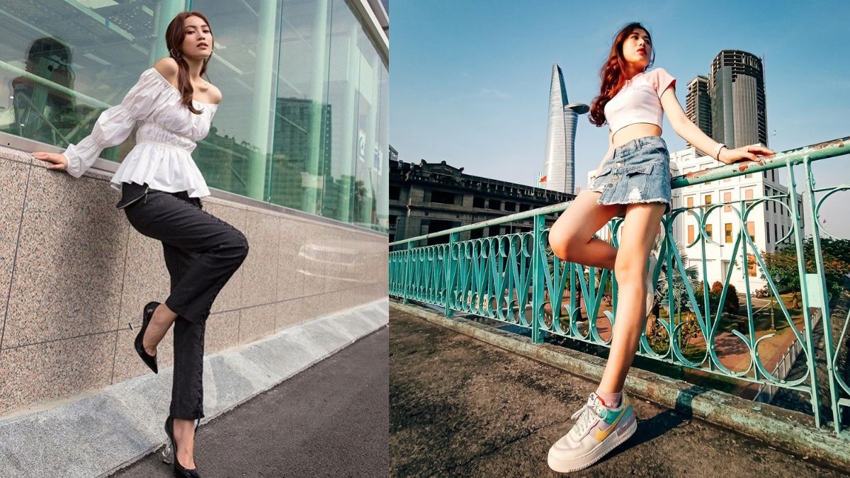 Tạo dáng bắt chéo chân khéo léo giúp kéo dài đôi chân