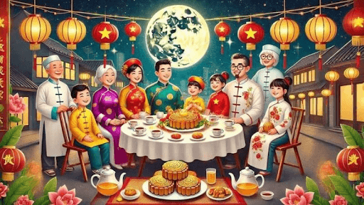 Background  trung thu ấm áp với hình ảnh gia đình đoàn viên