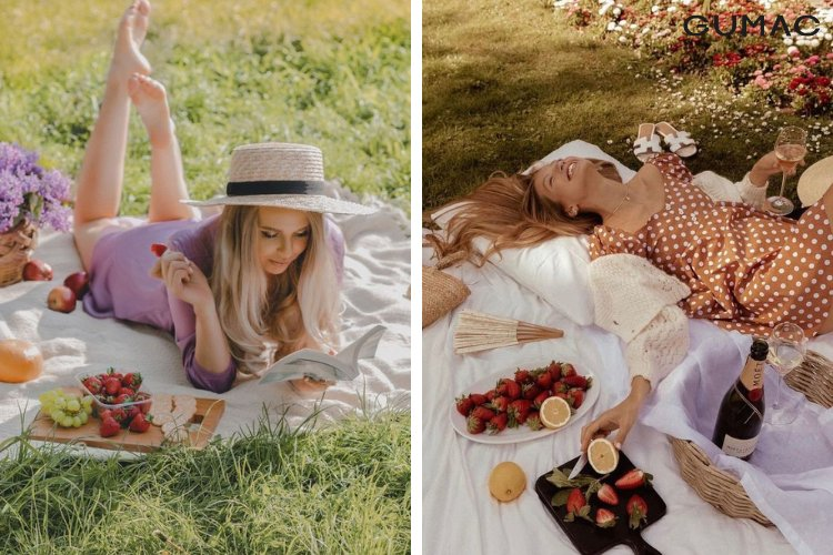 Chụp picnic tạo dáng với đồ ăn