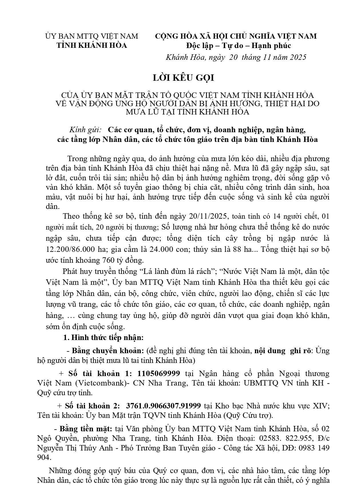 Lời kêu gọi từ ủy ban MTTO tỉnh Khánh Hòa