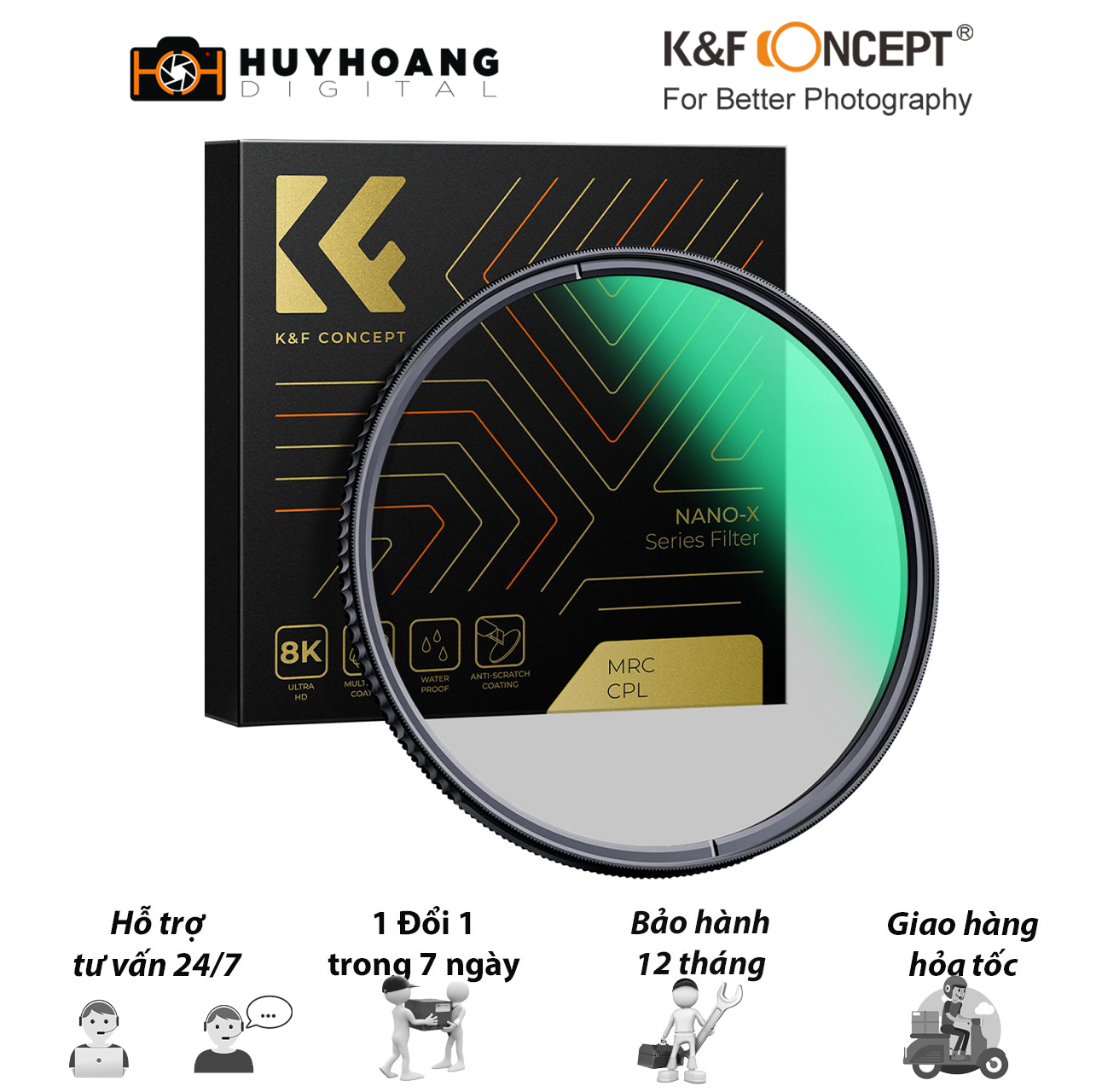 Kính lọc K&F CONCEPT CPL Series Nano-X 52mm| Chống trầy xước, kháng nước, phủ 28 lớp Coating