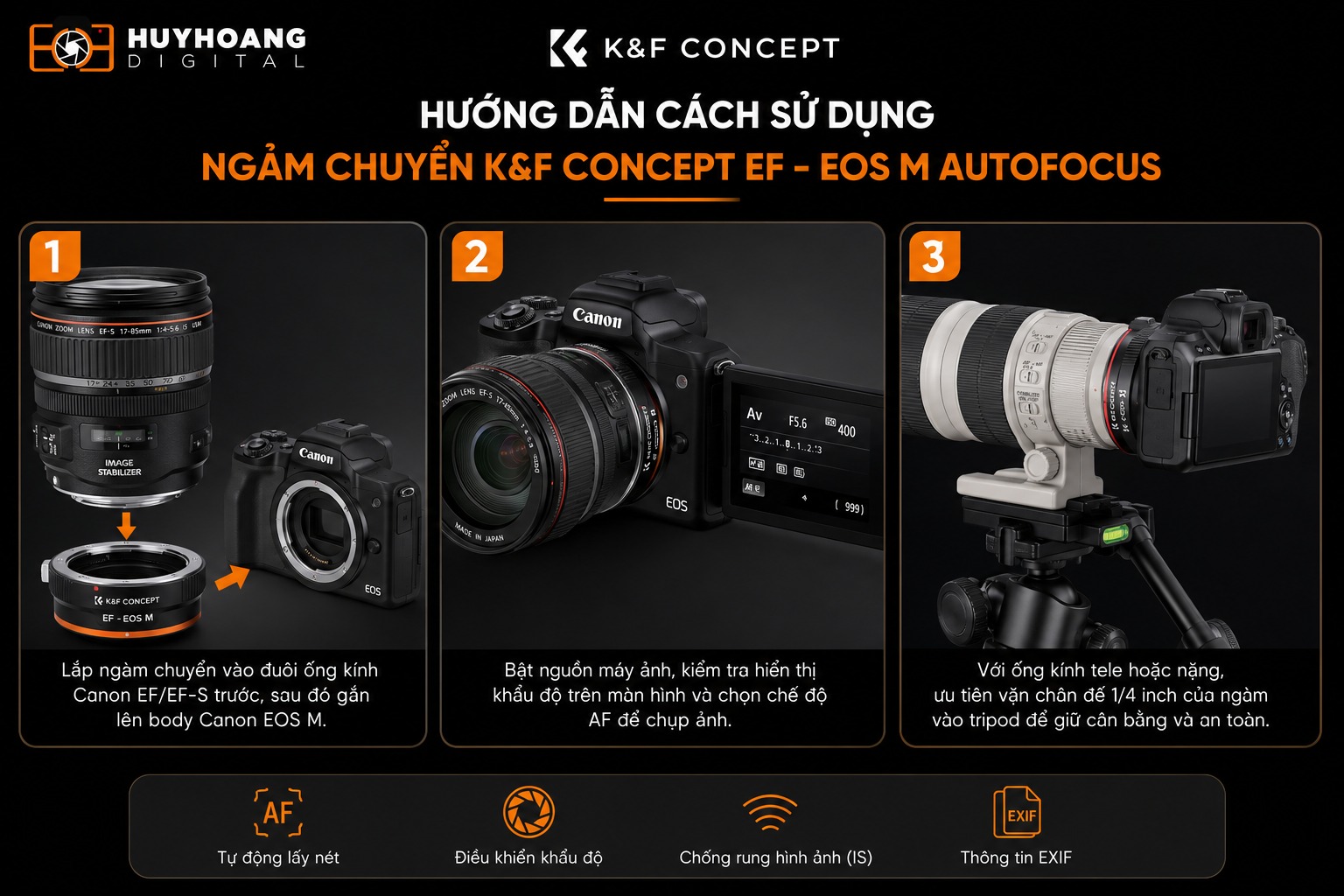 Hướng dẫn cách sử dụng ngàm chuyển K&F CONCEPT EF - EOS M Autofocus