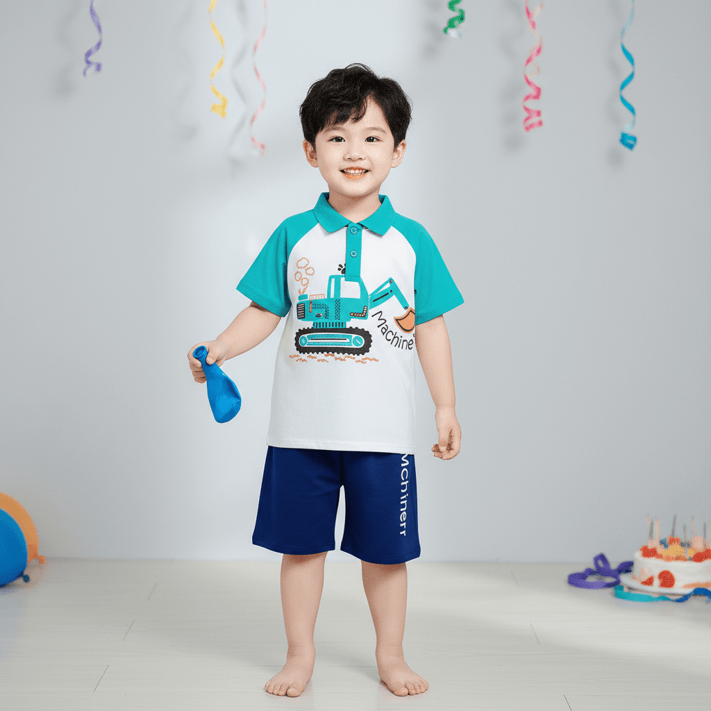 Bé trai mặc áo polo trẻ em cổ trụ chất liệu Linen tưng cao cấp trong tiệc sinh nhật