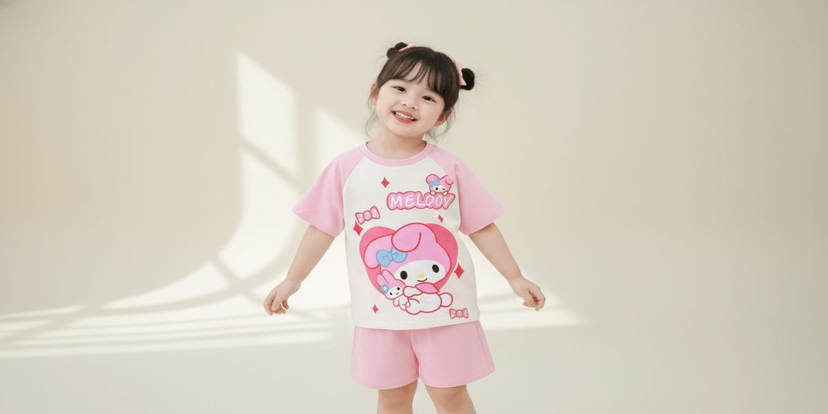 Bộ quần áo ngắn tay bé gái vải Cotton NATUCO màu hông
