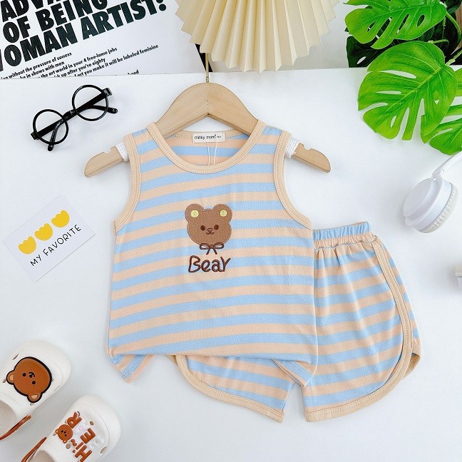 Bộ quần áo ba lỗ trẻ em hiệu Minky mom vải thun lạnh dệt sọc mềm mát cho bé trai, bé gái 0-8 tuồi BL-TR09