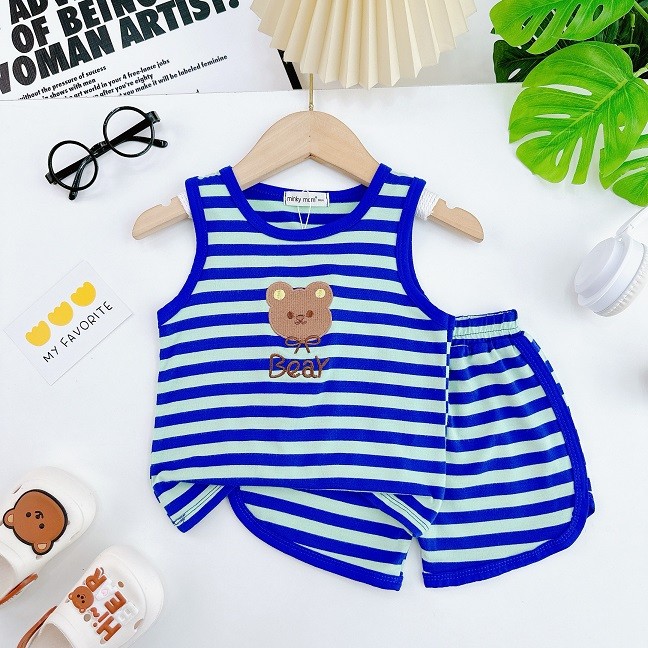 Bộ quần áo ba lỗ trẻ em hiệu Minky mom vải thun lạnh dệt sọc mềm mát cho bé trai, bé gái 0-8 tuồi BL-TR09