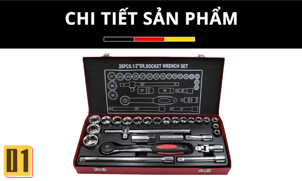 Bộ cờ lê đầu khẩu 12”- 26 chi tiết