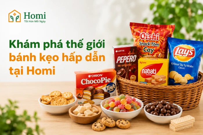 bánh kẹo ngon đa dạng lựa chọn tại Homi