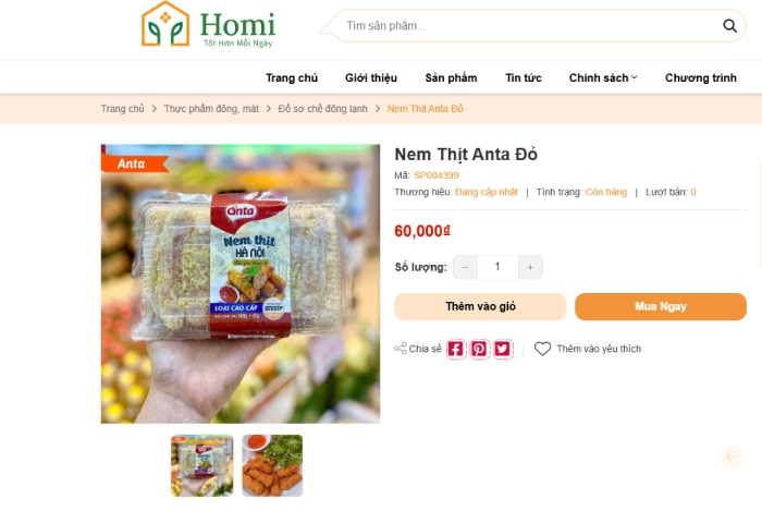 Giao diện mua hàng tiện lợi của Website Homi