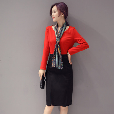 Bộ váy Hàn quốc kèm khăn quàng nữ tính CHS037 (Đỏ)