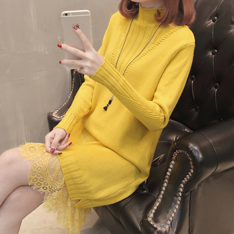 Váy len cổ cao viền ren phong cách trang nhã MBC054 (Vàng)