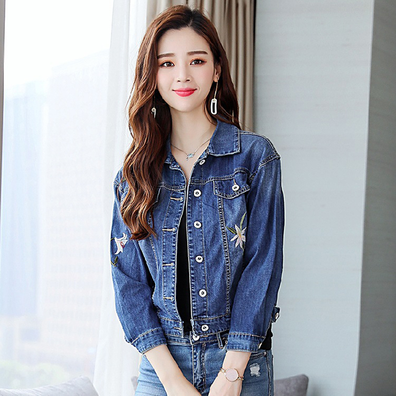 Áo khoác bò denim jacket nữ thêu hoa phong cách Hàn Quốc SRC081 (Xanh lam)