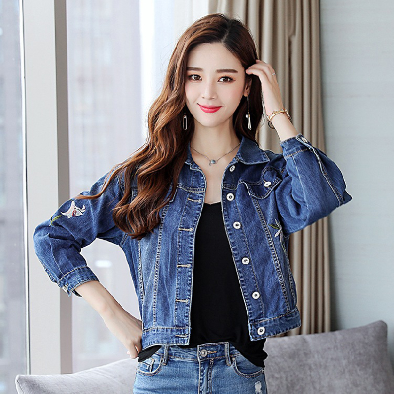 Áo khoác bò denim jacket nữ thêu hoa phong cách Hàn Quốc SRC081 (Xanh lam)