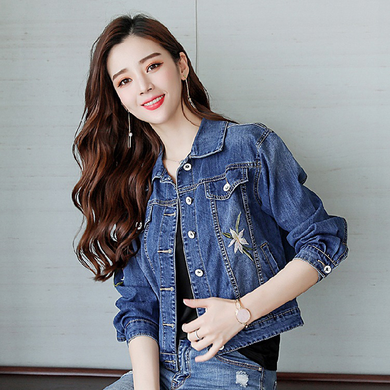 Áo khoác bò denim jacket nữ thêu hoa phong cách Hàn Quốc SRC081 (Xanh lam)