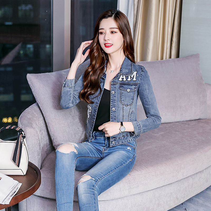 Áo khoác bò denim đính cườm phong cách Hàn Quốc QSQ011 ( Xanh lam )