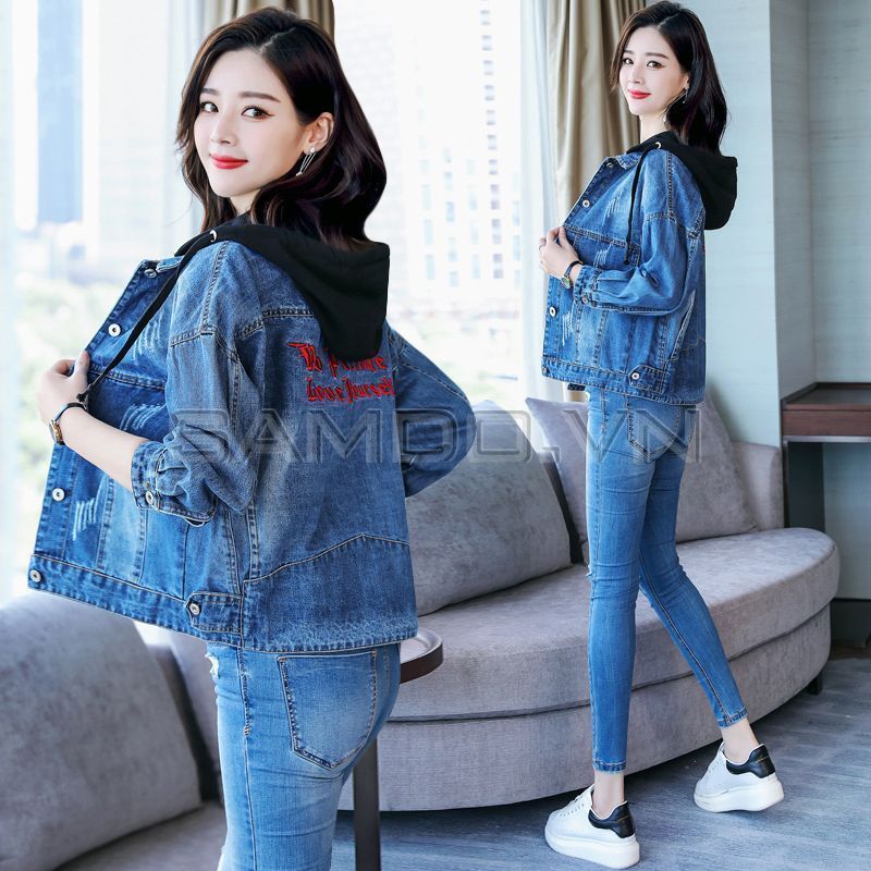 Áo khoác bò denim có mũ trùm đầu phong cách Hàn Quốc QSQ016 ( Xanh lam )