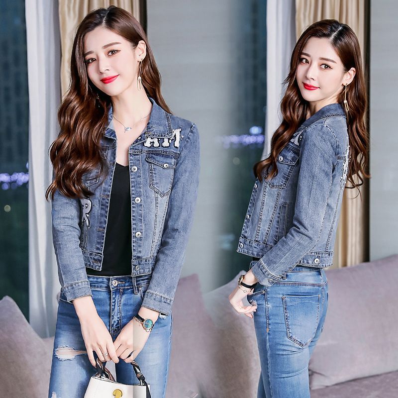 Áo khoác bò denim đính cườm phong cách Hàn Quốc QSQ011 ( Xanh lam )