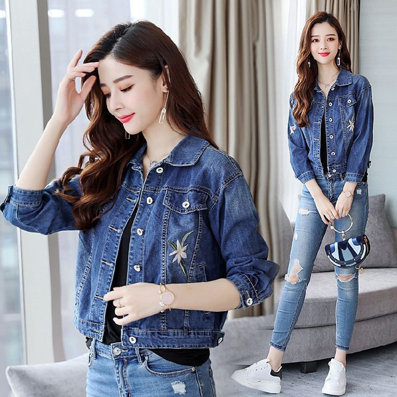 Áo khoác bò denim jacket nữ thêu hoa phong cách Hàn Quốc QSQ006 ( Xanh lam )