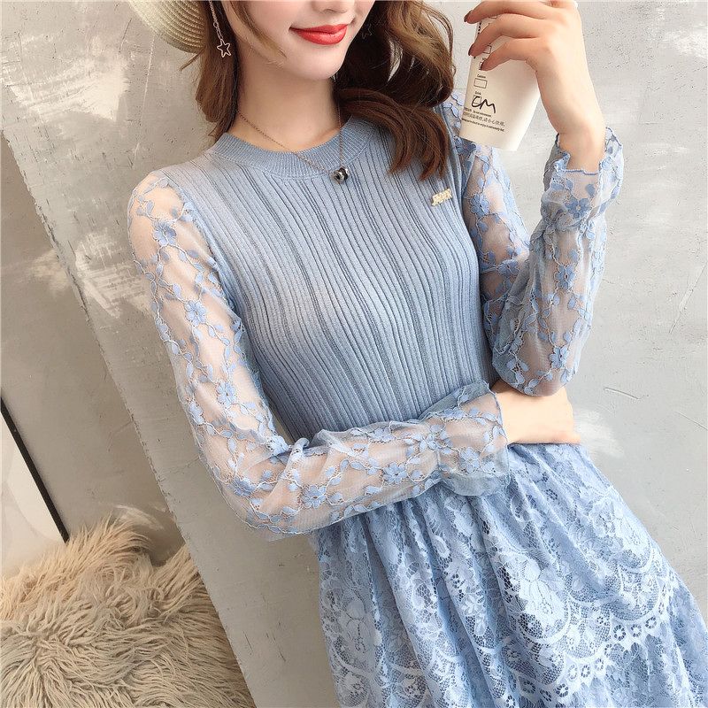 Áo len lông tay màu xanh dương cho thiết kế thời trang mùa đông Váy ngủ dài  tối đa đã nhuộm - Trung Quốc Áo dệt kim y Trang phục dệt kim