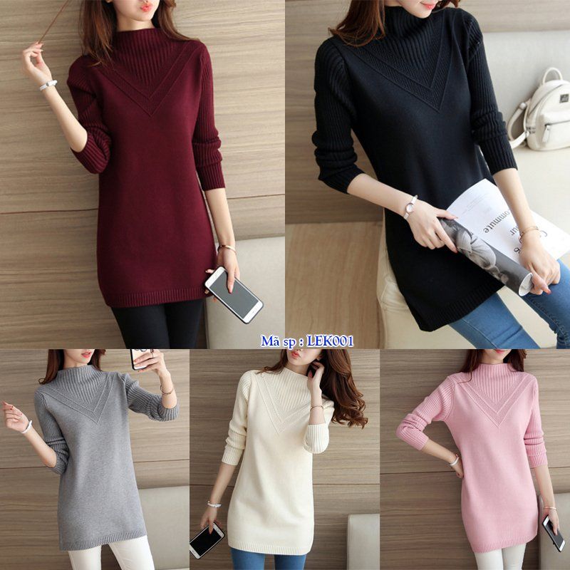 Áo len dáng dài cao cổ phong cách Hàn Quốc LEK001 (Hồng phấn)