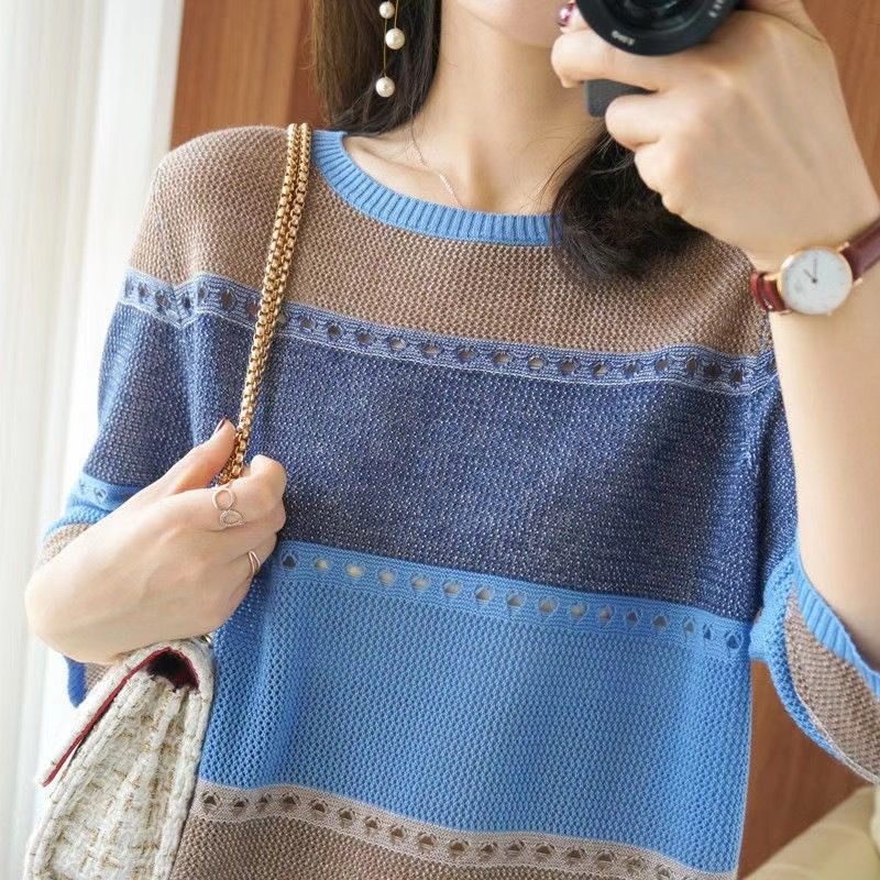Áo len nữ dệt kim phối màu trẻ trung thanh lịch LEK314 (Xanh lam)