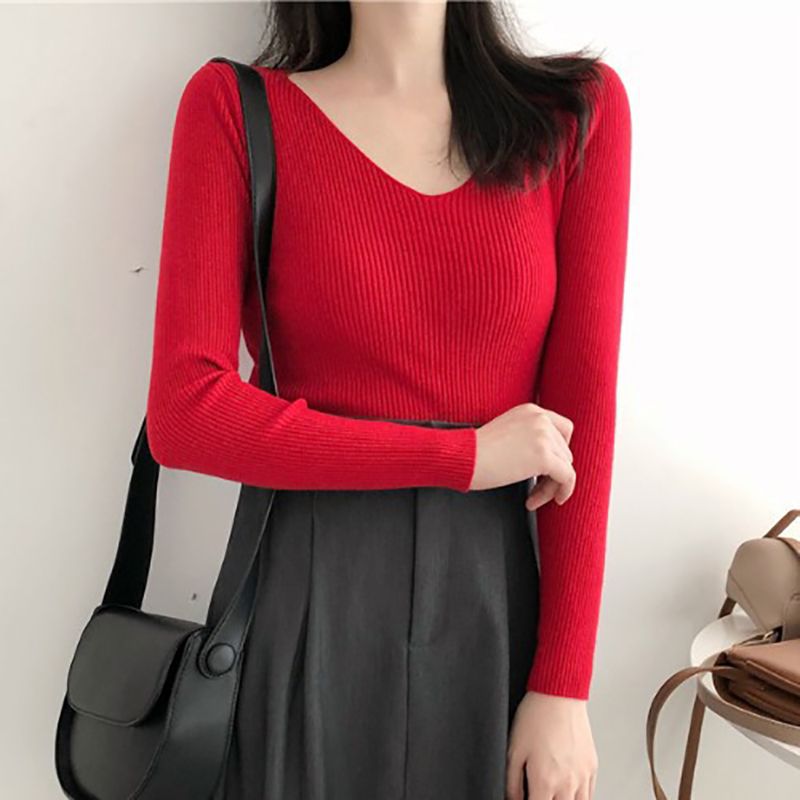 Áo len tăm nữ cao cấp ôm body cổ tim màu trơn kiểu Hàn Quốc LEK324 (Đỏ)