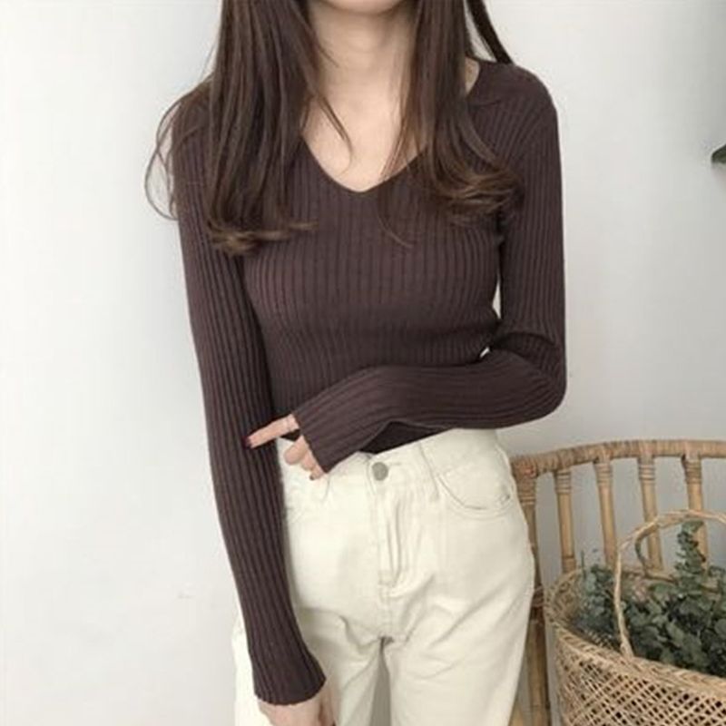 Áo len dài tay, cổ chữ V, áo len mỏng thời trang thu đông, phù hợp phối đồ đi chơi đi làm HAQ057 (Đen)