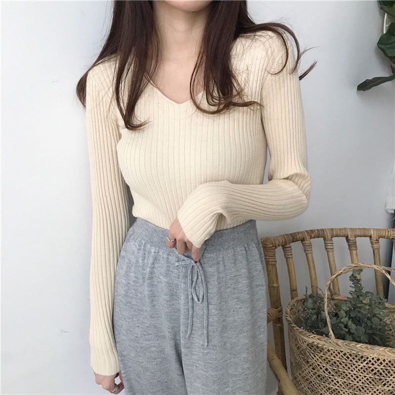 Áo len dài tay, cổ chữ V, áo len mỏng thời trang thu đông, phù hợp phối đồ đi chơi đi làm HAQ057 (Kaki)