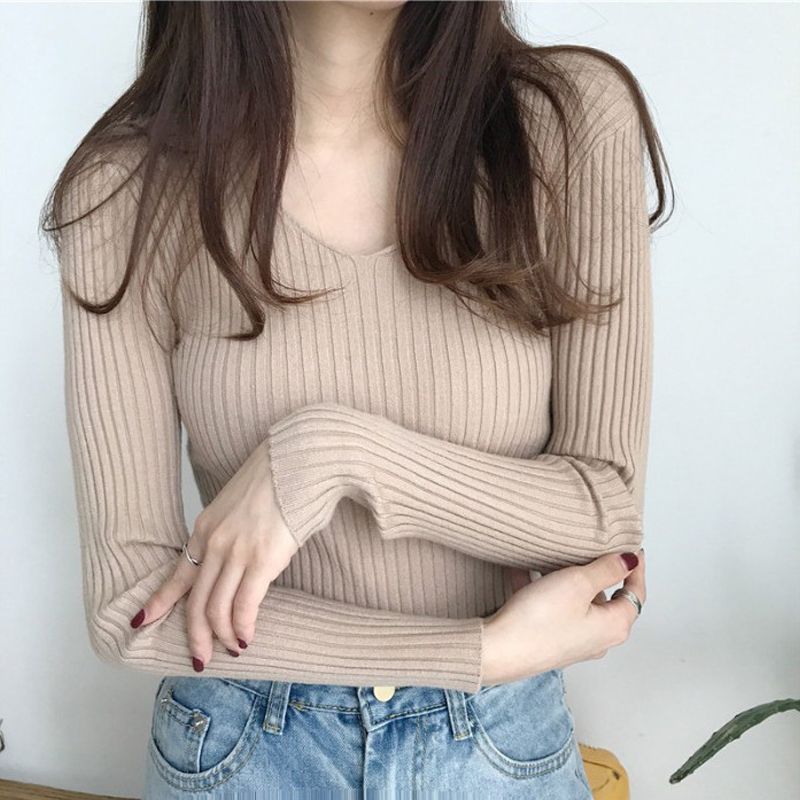 Áo len dài tay, cổ chữ V, áo len mỏng thời trang thu đông, phù hợp phối đồ đi chơi đi làm HAQ057 (Đen)