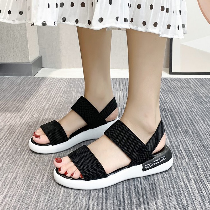TMC003 - Sandals thể thao đế bằng, quai co giãn Hàn Quốc mùa hè 2023 (Đen)