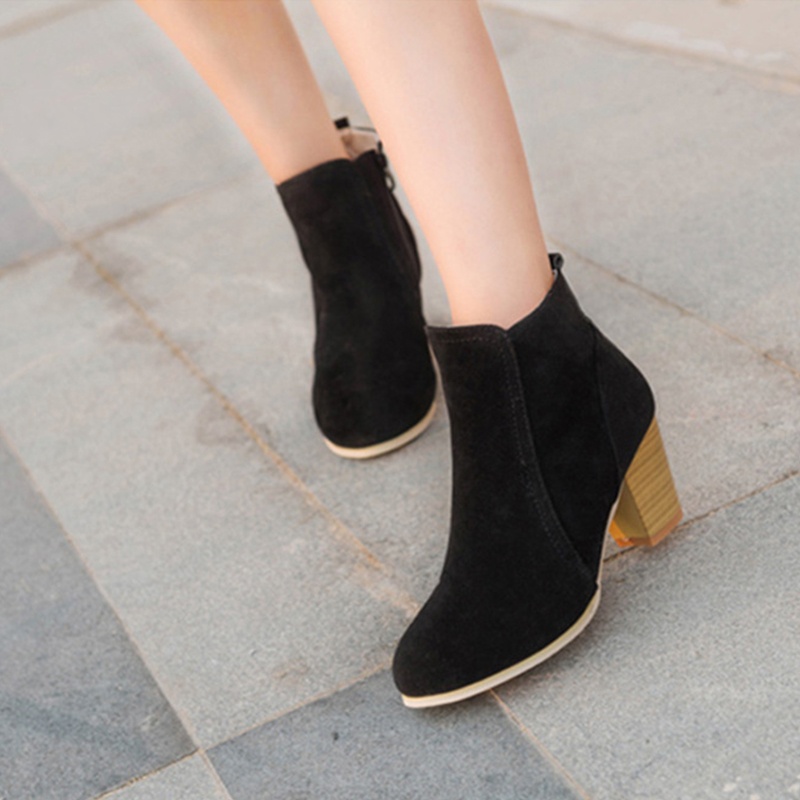 TKO240 - Giày da lộn nữ cao gót, êm ái, giày boots phong cách Hàn Quốc (Đen)