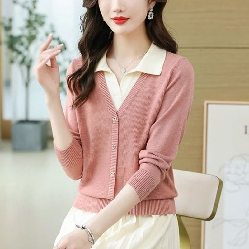 LEK424 - Áo len nữ thu đông, cổ sơ mi, phong cách trẻ trung (Hồng)
