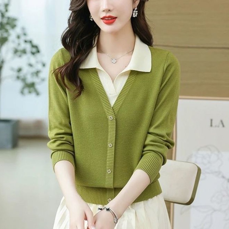 LEK424 - Áo len nữ thu đông, cổ sơ mi, phong cách trẻ trung (Xanh cốm)