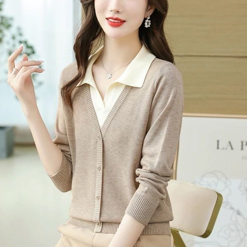LEK424 - Áo len nữ thu đông, cổ sơ mi, phong cách trẻ trung (Kaki)
