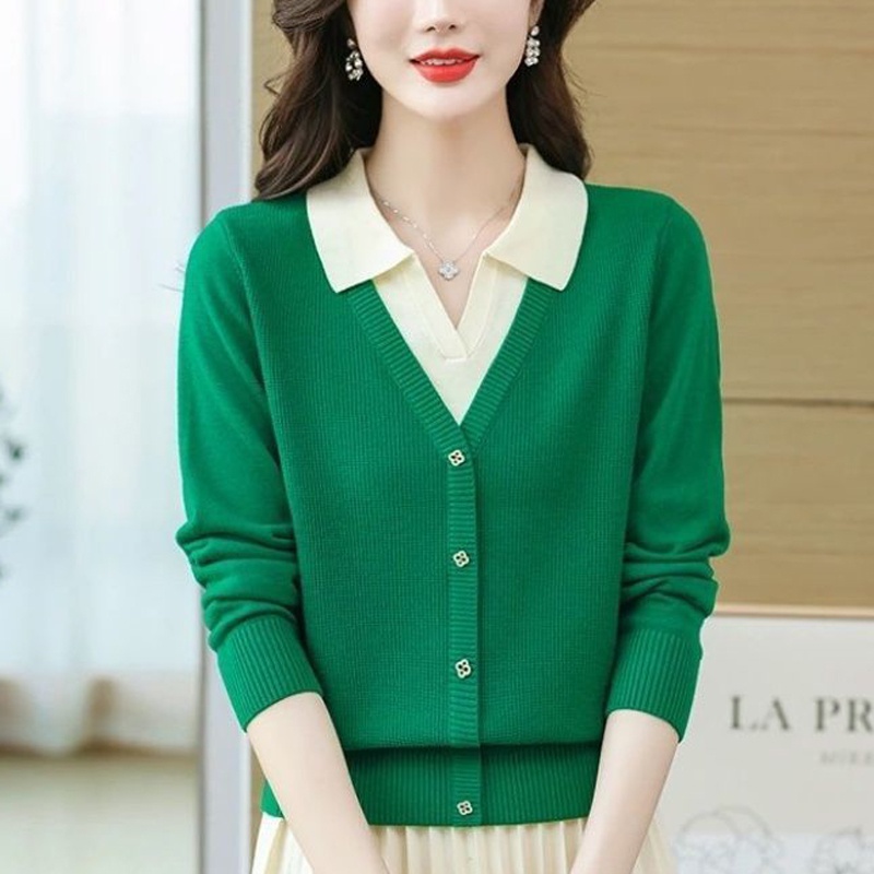 LEK424 - Áo len nữ thu đông, cổ sơ mi, phong cách trẻ trung (Xanh lá cây)