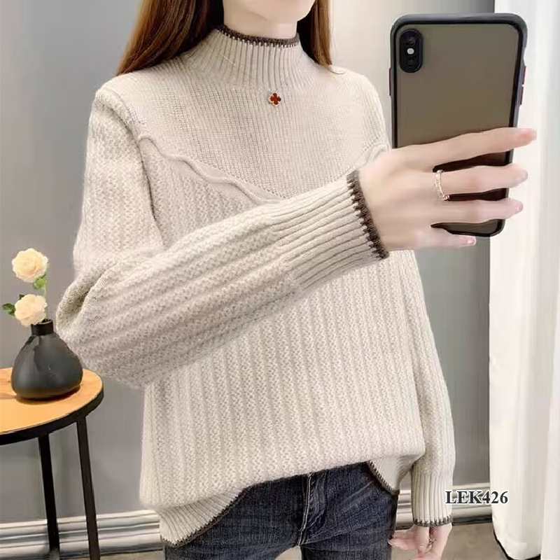 LEK426 - Áo len nữ thu đông dáng rộng, cao cổ, phong cách Hàn Quốc (Be)