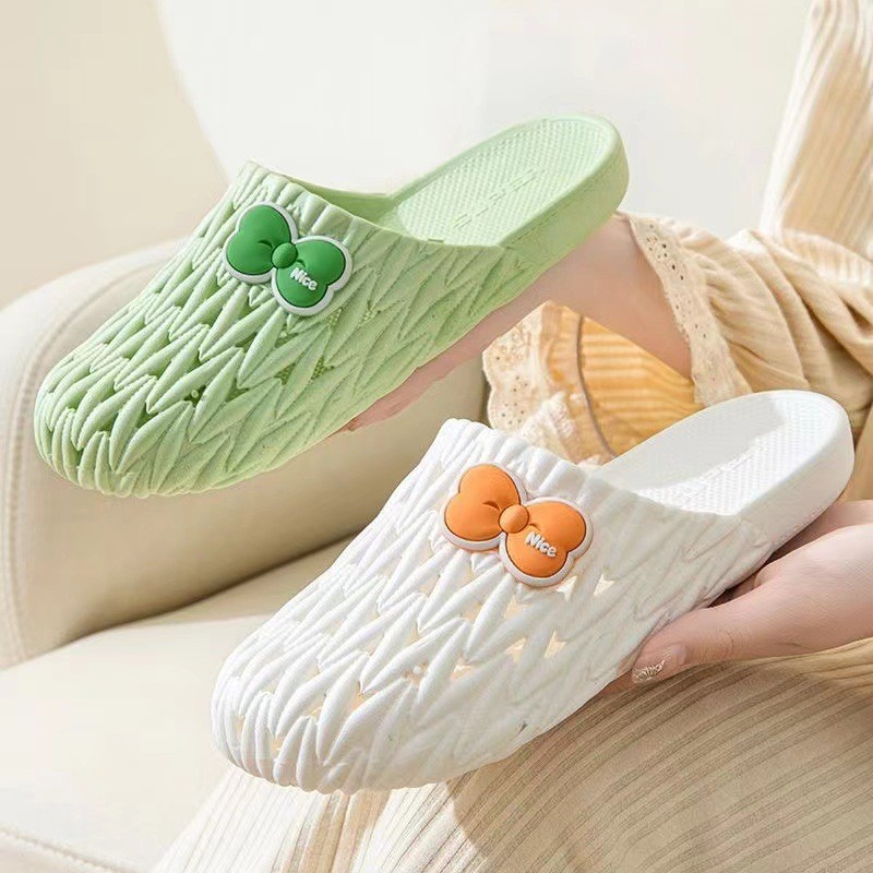 SPT009 - Dép sục nhựa Hàn Quốc, dép Croc phối nơ - thoáng khí, chống trơn trượt - Kaki