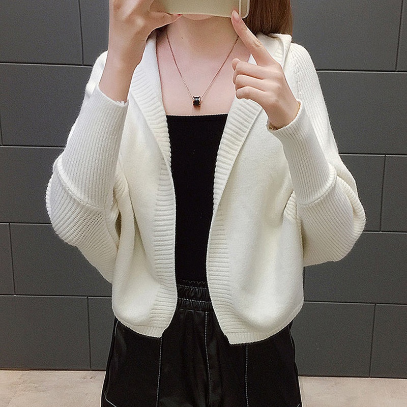 LEK446 - Cardigan len nữ thời trang trẻ trung, tay cánh bướm điệu đà, kèm mũ chùm đầu ấm áp - Trắng