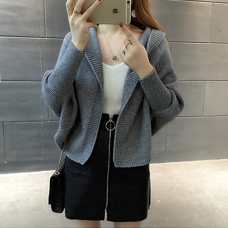 LEK446 - Cardigan len nữ thời trang trẻ trung, tay cánh bướm điệu đà, kèm mũ chùm đầu ấm áp - Xám