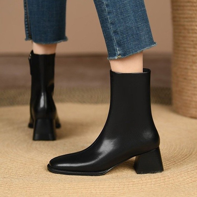 POG003 - Boots nữ da cổ ngắn, gót 5cm, mũi vuông, da mềm, phong cách Hàn Quốc-Nâu