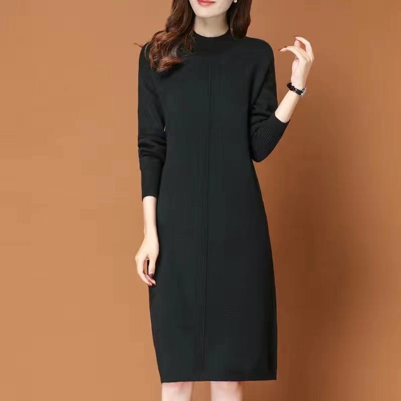 AIK006 - Váy len nữ dáng dài, ngang gối, cổ lọ, thời trang thu đông - Đen