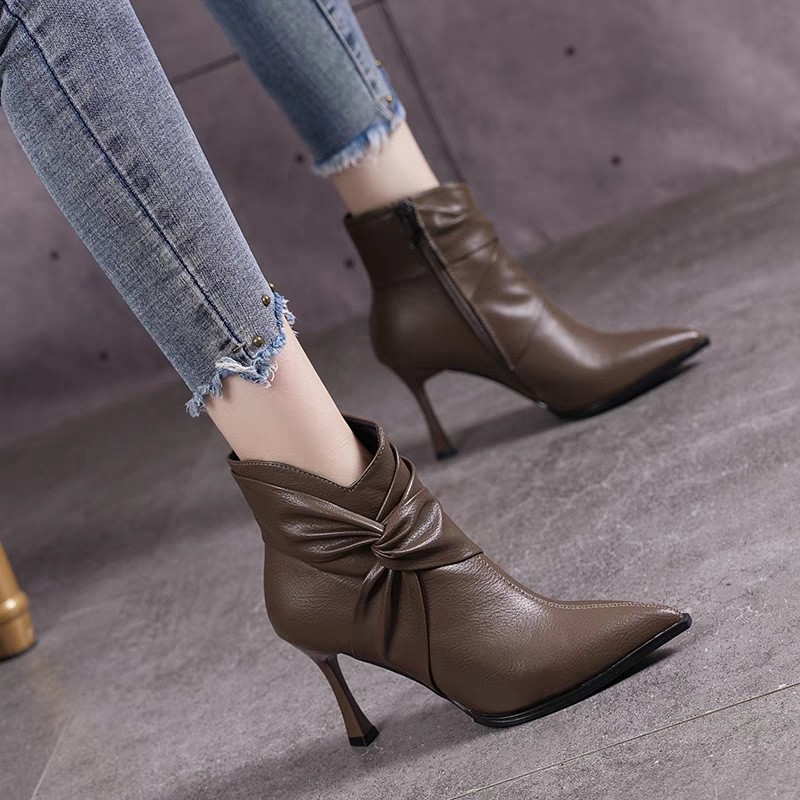 BTC007 - Giày Bốt Cổ Ngắn Thanh Lịch, giày Boots mũi nhọn phong cách Pháp, đế 7p - Nâu