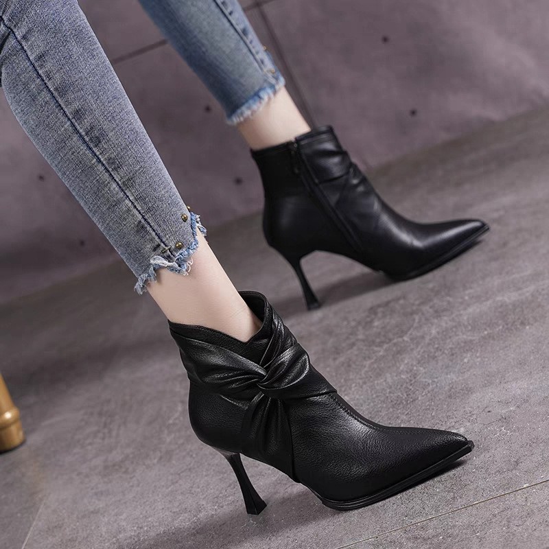 BTC007 - Giày Bốt Cổ Ngắn Thanh Lịch, giày Boots mũi nhọn phong cách Pháp, đế 7p - Nâu