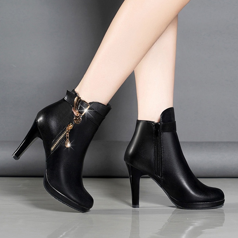 TDT001 - Boots nữ gót nhọn cao 8cm, mũi tròn thời trang công sở, phong cách Hàn Quốc