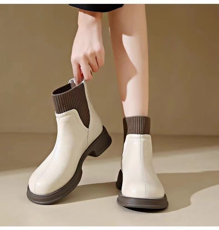 XNY004 - Boots nữ cổ ngắn, boots da phối vải thun, cổ chân co giãn thoải mái đế cao 4cm, phong cách công sở - Đen lót lông