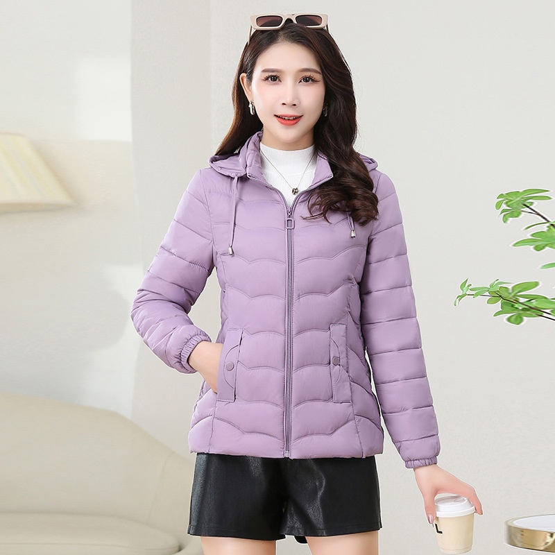 SAM064 - Áo khoác phao cotton kết cấu sợi lông vũ, dáng ngắn, mũ có thể tháo rời, thời trang thu đông - Hồng