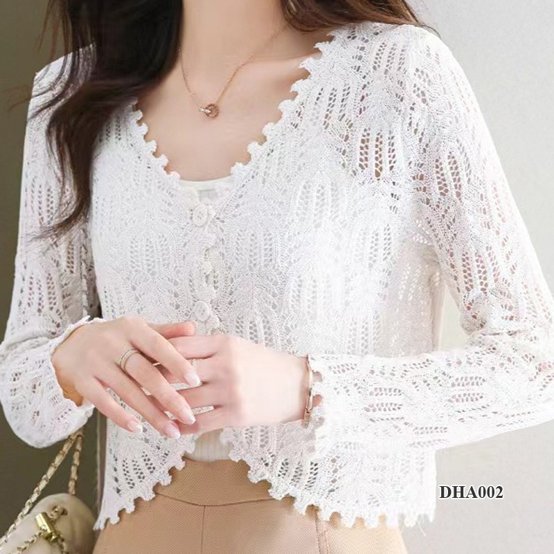 DHA002 - Áo cardigan hè thu, chất liệu vải băng lụa dệt kim thoáng mát, phong cách thời thượng - Trắng