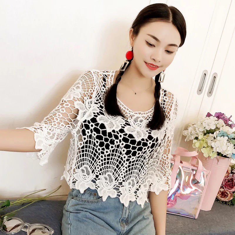 SOM008 - Áo ren móc lưới mùa hè tay lỡ thân lửng phong cách Trẻ Trung