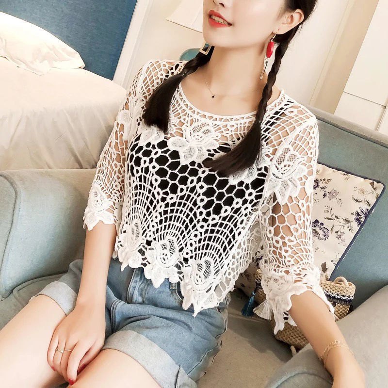 SOM008 - Áo ren móc lưới mùa hè tay lỡ thân lửng phong cách Trẻ Trung